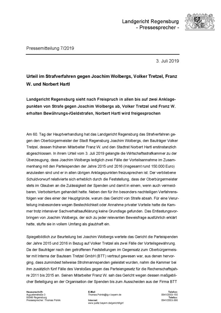 Pressemitteilung 2019-7 Kurzversion Urteil im Strafverfahren gegen Joachim Wolbergs, Volker Tretzel, Franz W. und Norbert Hartl