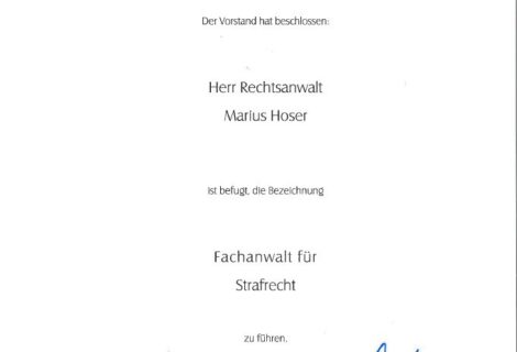 Rechtsanwalt Marius Hoser jetzt Fachanwalt für Strafrecht